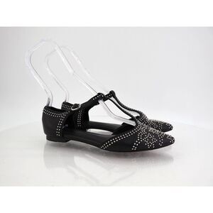 Sandro Astree Flats Womens 36 6 Black Studded Pointed Toe T-Strap Leather Shoes